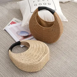 Handmade Half-Round Rattan Woven Straw Bag Summer Women Messenger Bags Female Handbag Small Beach Handbag Top-Handle Bags