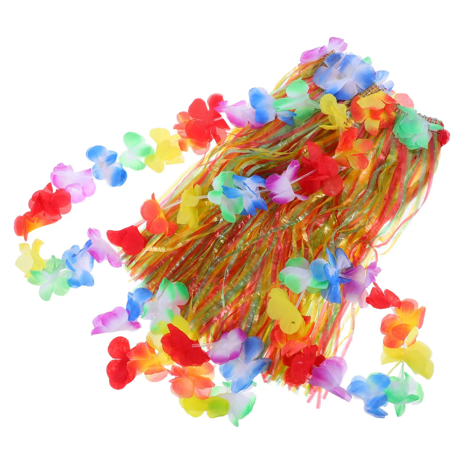 

Гавайский комплект с юбкой-хула и ярким костюмом, включающий повязку на голову, браслеты и леи, идеально подходит для тропических вечеринок и пляжа.