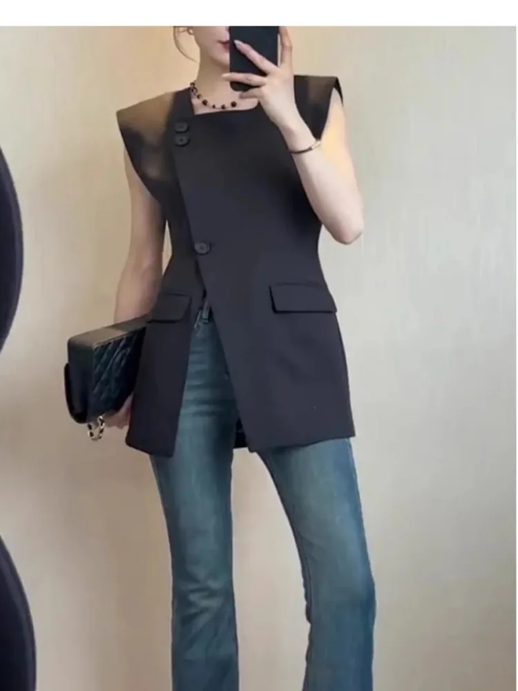 Trendy Luxury  Black Suit Vest Summer Square Neck  Wide Shoulder Waistcoat Commuter Design Split Sleeveless Top Femininas Coats