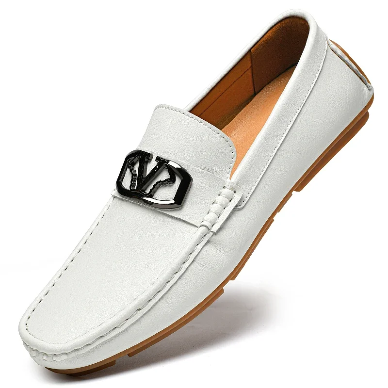 Casual Men's Leather Shoes Large Size Slip-On Loafers Ultra-Leather Bean Bean Shoes Comfortable Flat Heel Wear-Resistant Foot...