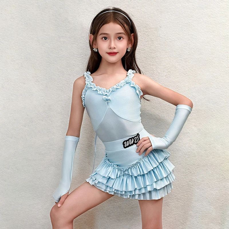 Blue Latin Dance Suit For Girl Performance Stage Clothes Kid Latin Practice Clothes Sleeveless Bodysuit Skirt Training Set 5793