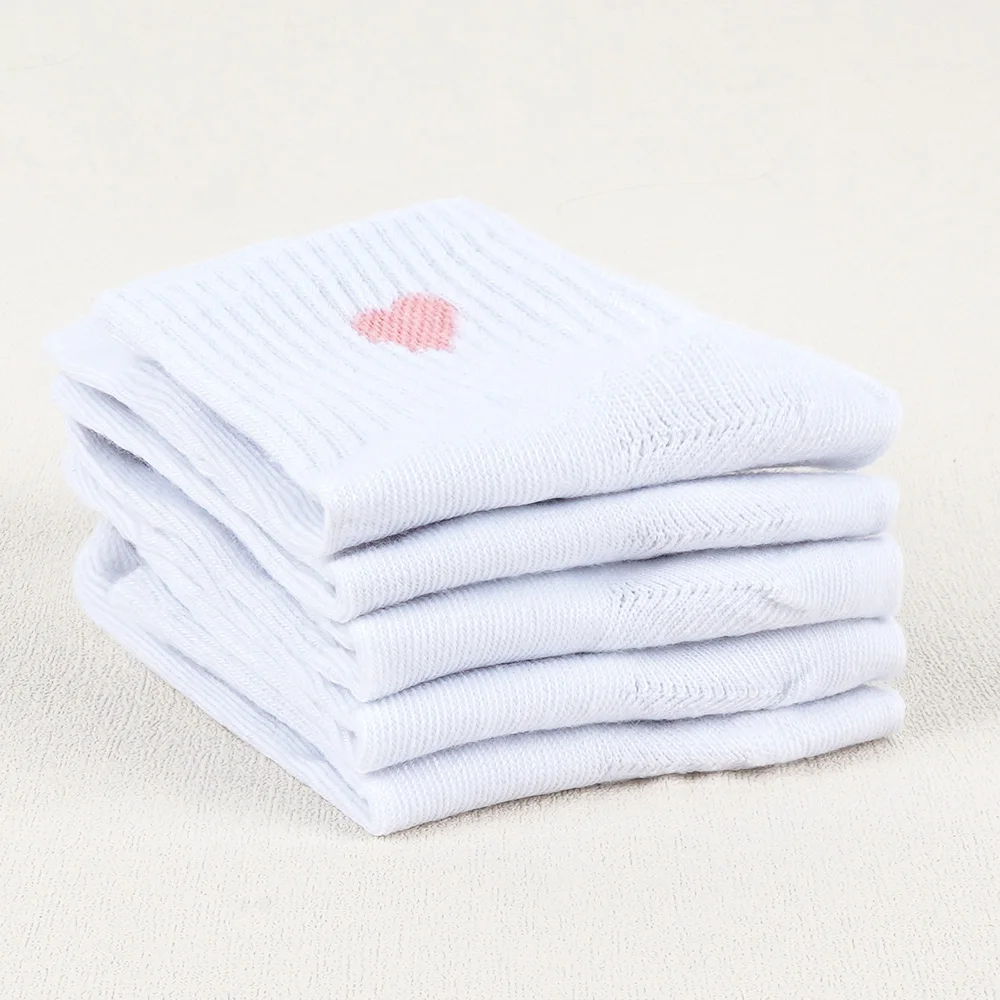 5 Pairs Girls Socks Cute Heart Pattern Comfortable Kids White Socks