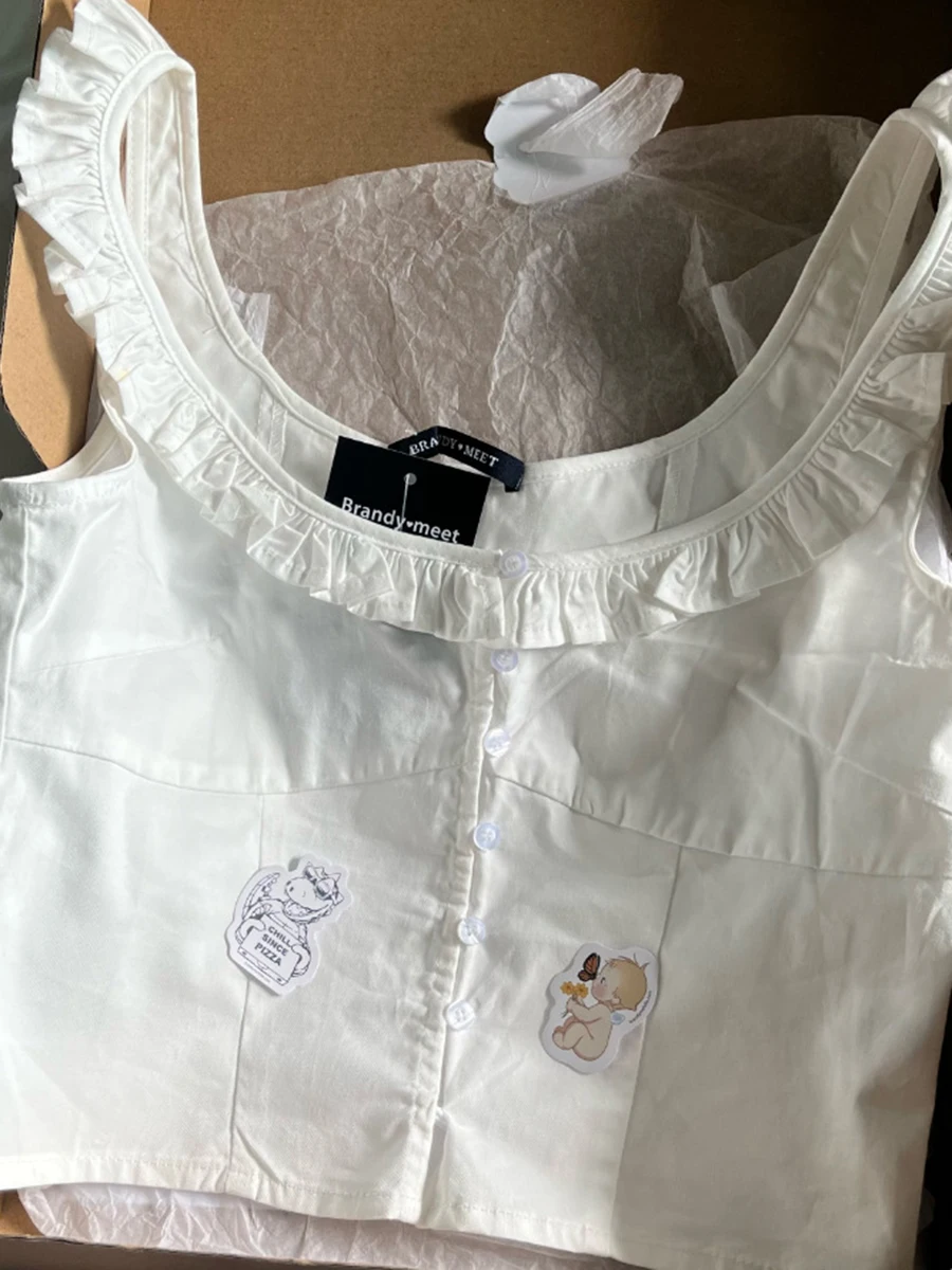 Dolce bianco volant bottoni Crop top donna estate cotone Scoop collo Preppy manica corta Tee Vintage Chic Slim carino t-shirt Y2K