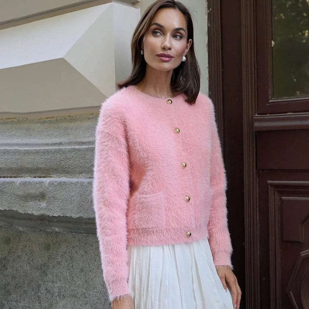 

Talenza Autumn Women Cardigan Fashion Solid Casual Loose Knitted Top Chic Streetwear Knitted Long-sleeved Cardigan Women Outfits