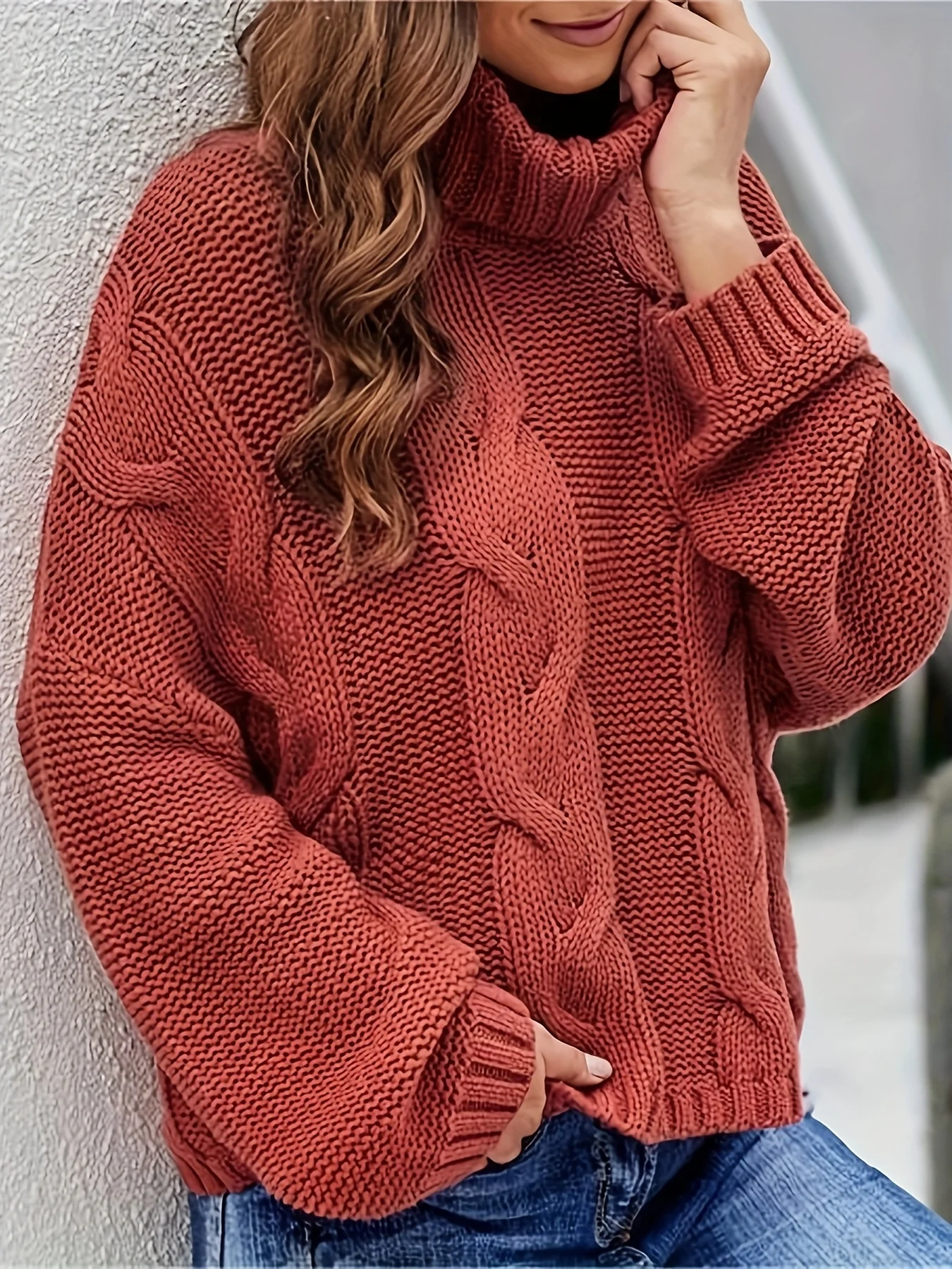 

Женский однотонный вязаный пуловер с высоким воротником, повседневный плетеный декоративный пуловер в стиле ретро