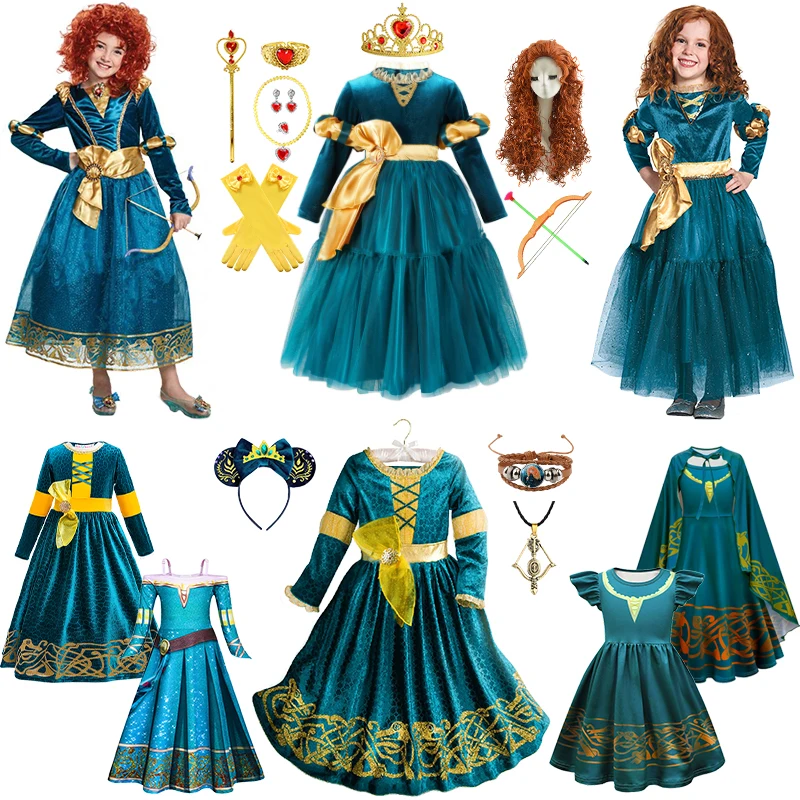 

New Cartoon Movie Girls Princess Merida Dress Halloween Brave Princess Costume Children Green Velvet Long Sleeve Vintage Clothes