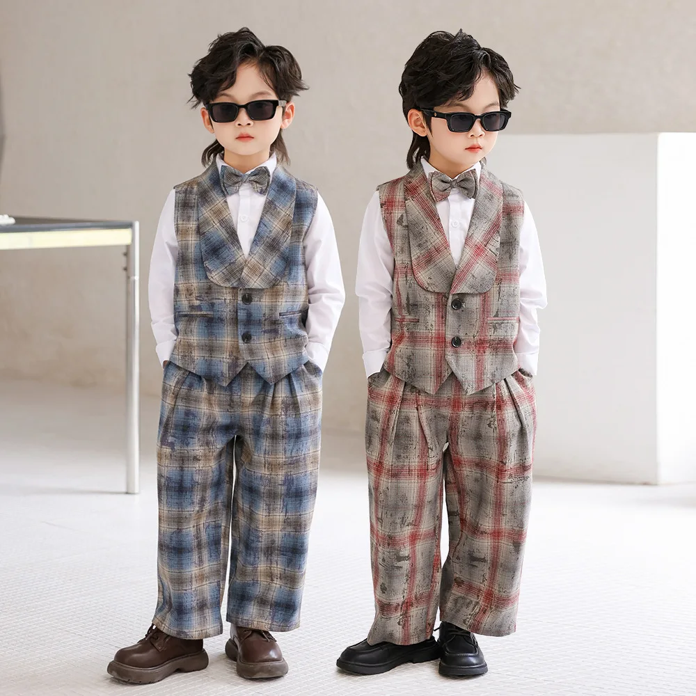 Children's Formal Wear Retro Plaid Vest Suit Boys' Hosting Catwalk Performance Costume First Birthday Photography Outfit