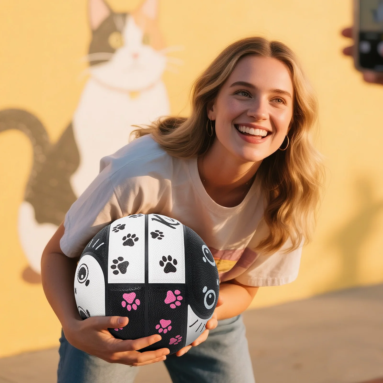 Kuangmi PU บาสเกตบอล Tai Chi ออกแบบแมวน่ารักพิมพ์ในร่ม/กลางแจ้ง High BOUNCE & Anti-SLIP Size7 29.5 ",KMbb621