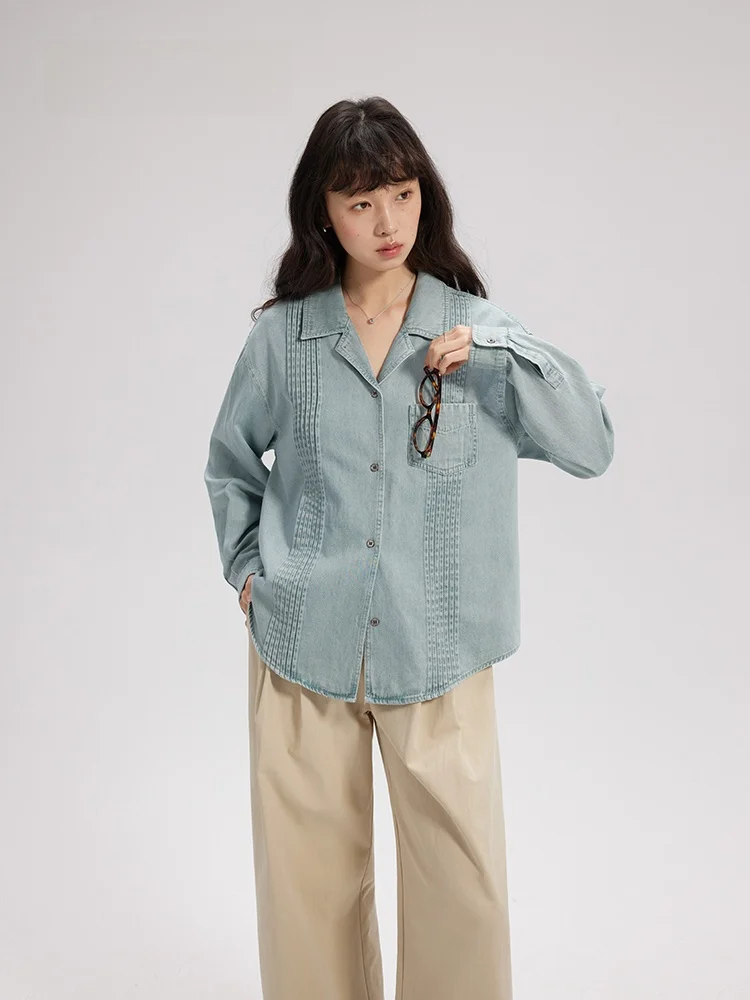 

Женская рубашка Botanique Vintage из лиоцелла и хлопка, джинсовая, весенняя новинка, свободный крой, длинный рукав, с воротником, защита от УФ-излучения, производство Китай