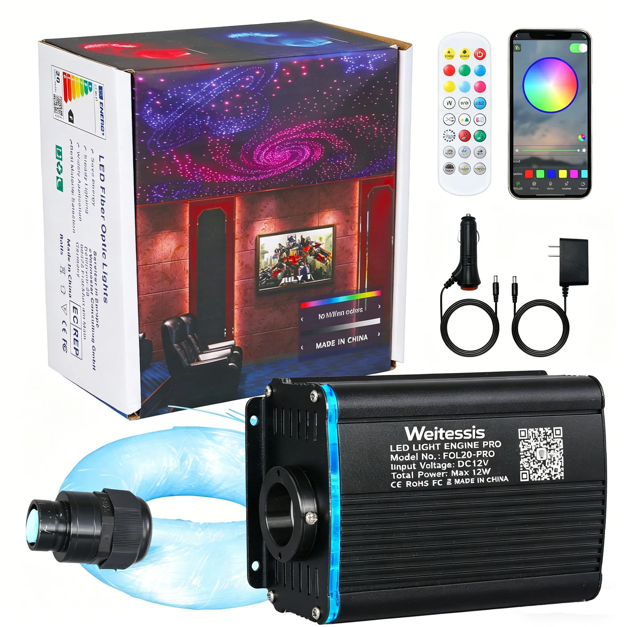 Weitessis LED Twinkle Optic Fiber Light Pro Bluetooth APP Control RGBW Car Starry Sky Spot lights for Auto Interior