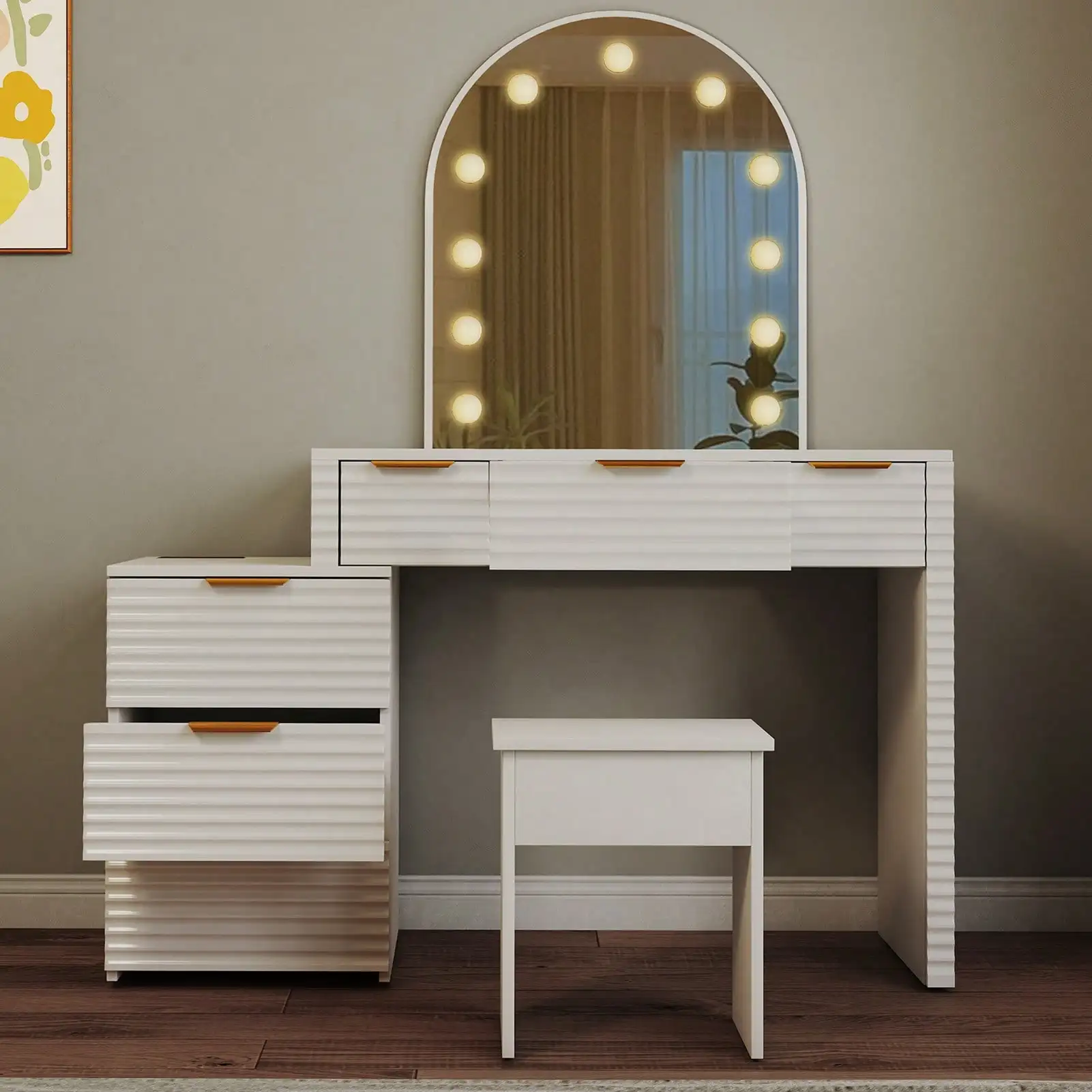 

Makeup Vanity Desk with Mirror Lights Glass Tabletop Vanity Table Modern Makeup Desk with Drawers for Bedroom White US Plug