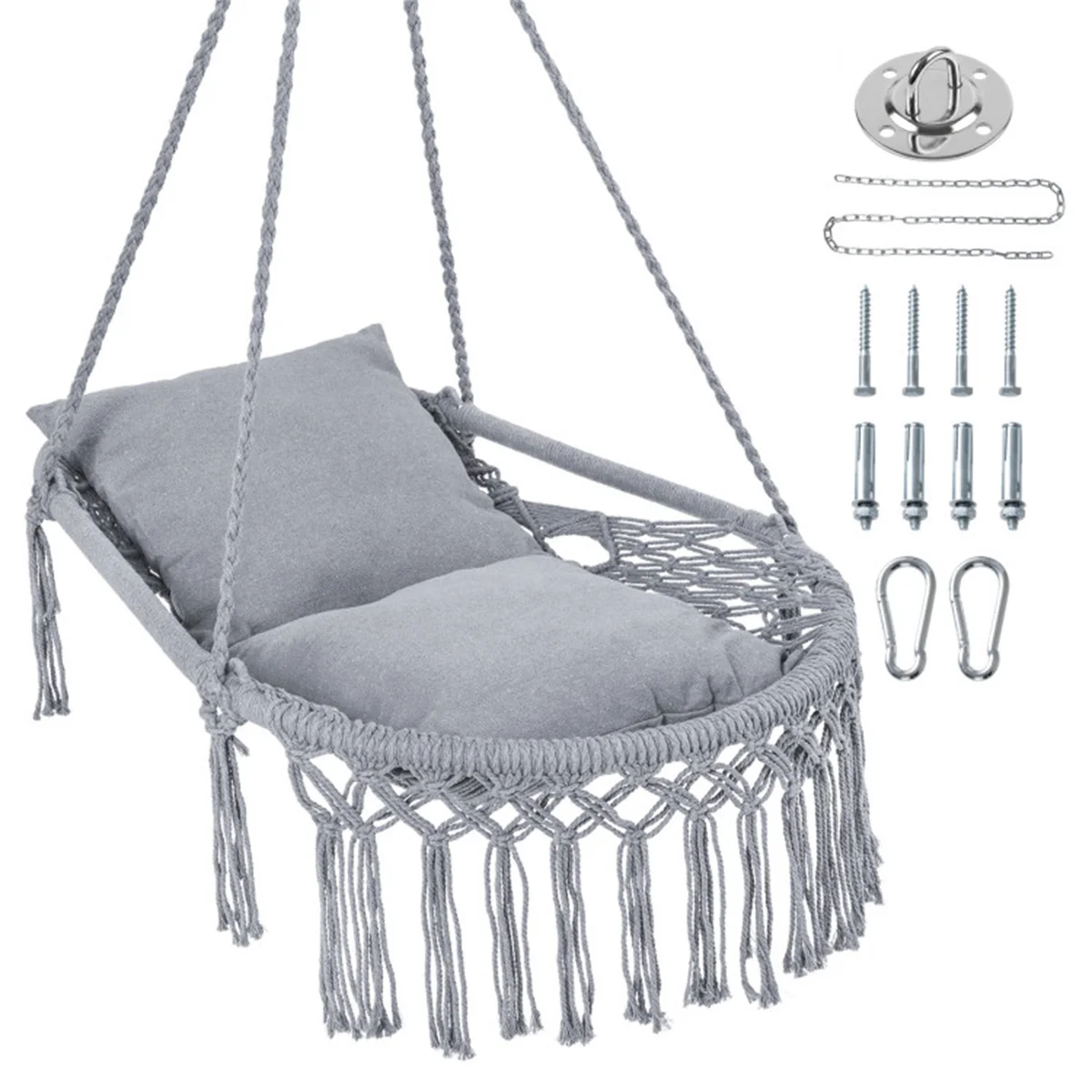 

Gray Boho Macrame Hanging Swing Chair, 2 Padded Cushions 330LBS Capacity, Indoor Outdoor Hammock Chair for Patio Balcony Bedroom