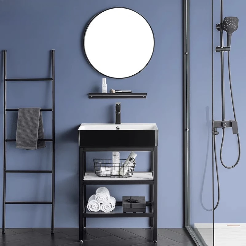 

Balcony floor-to-ceiling wash basin Small apartment bathroom Integrated ceramic basin Stainless steel bathroom cabinet Wash