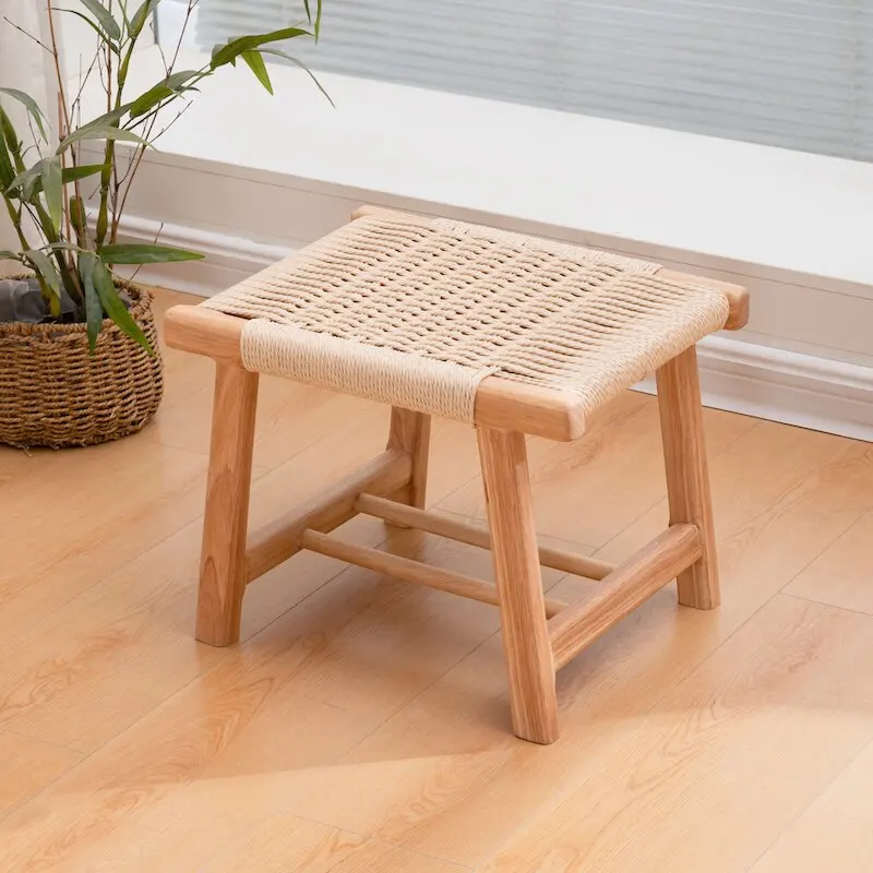 Handwoven Rattan & Solid Wood Stool, Entryway Shoe Bench & Sofa Ottoman, Multifunctional Home Accent for Small Space