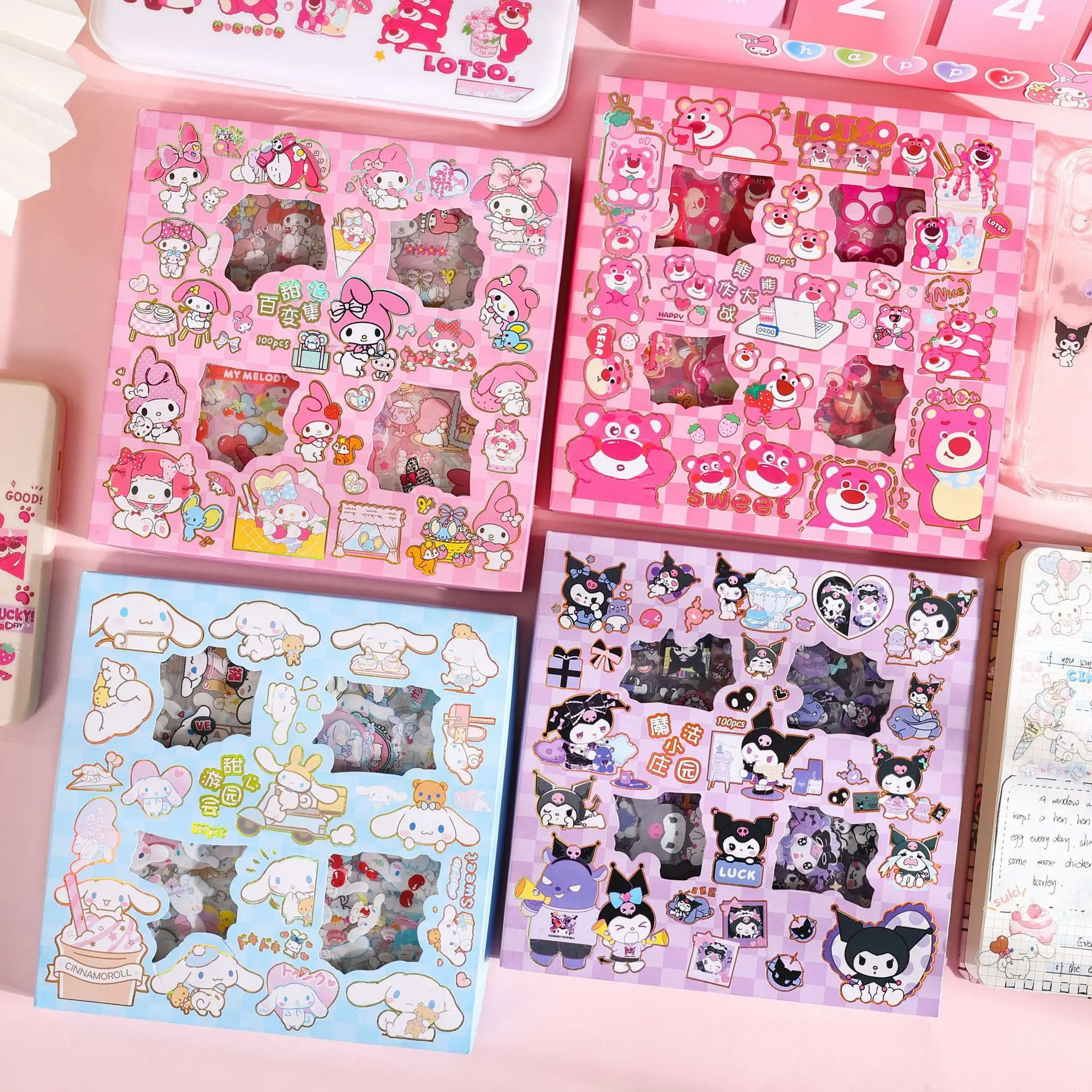 

100pcsSanrio Kuromi Cinnamoroll cartoon handbook creative children's pvc card set boxed stickers