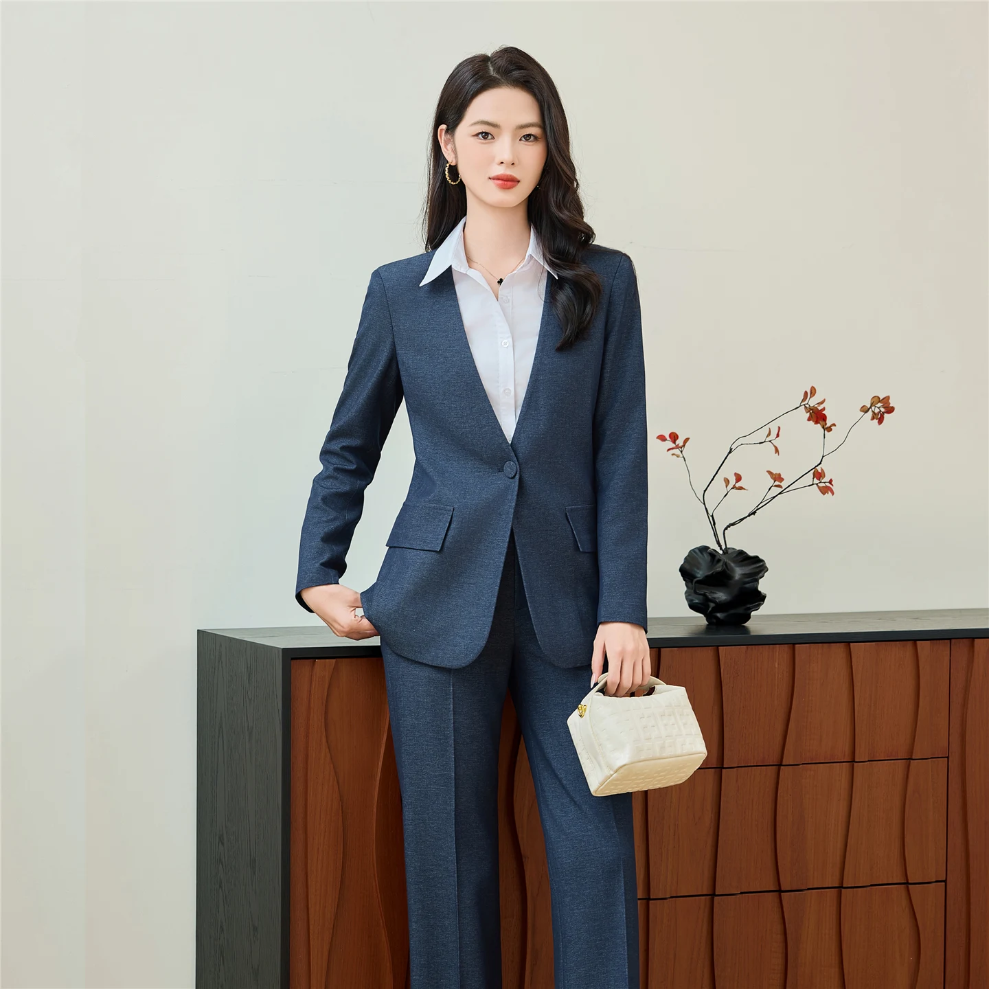 

Fashion Women's Denim Blue Pants Suit Long Sleeve Jacket Two Pieces (Blazer+ Pants) Sets Office Lady Wide Leg Pants Suits Formal