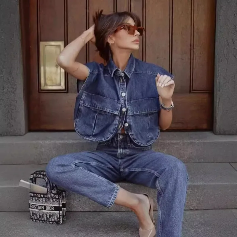 

Blouse Jacket Shirt Women's Spring/Autumn Solid Colour Pockets Sleeveless Luxurious Cardigan Polo Neck Denim Niche Distinctive