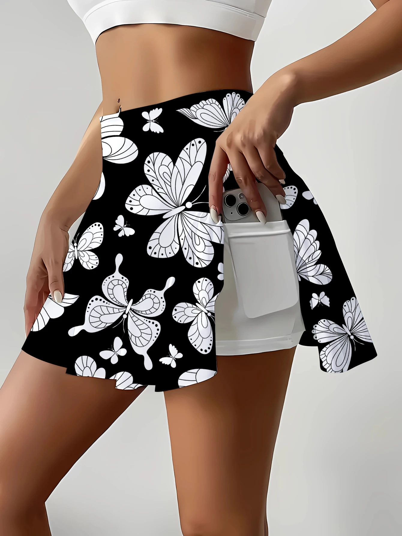 Ladies Mini Skirt with Black And White Butterfly Design Pocket Feature Fashionable Women's Short Dress