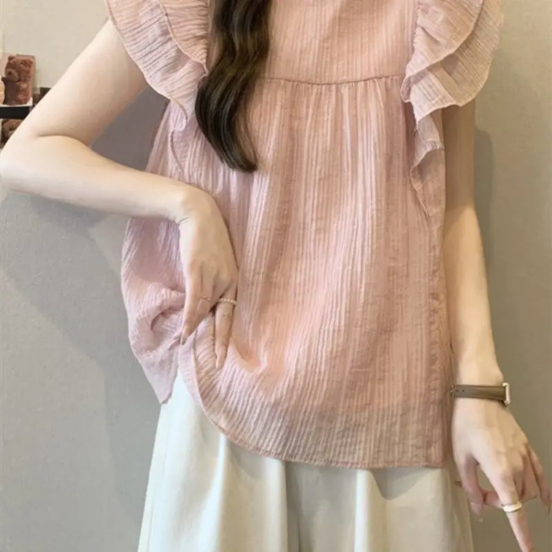 الوردي رفرفة كم بلوزة شيفون المرأة الصيف جديد كبير الحجم التخسيس قصيرة الأكمام تي شيرت أنيق #4