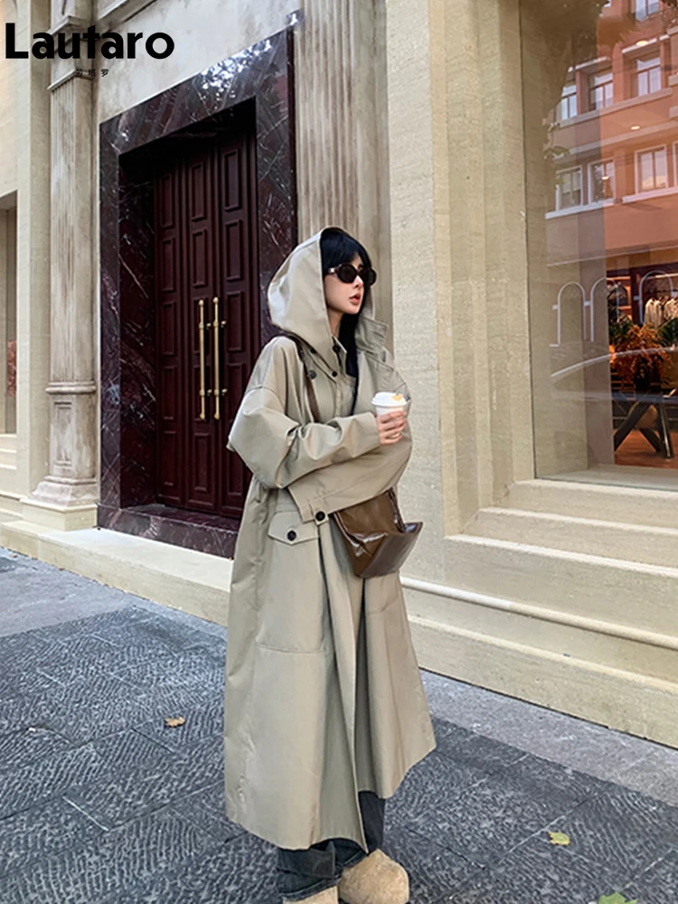 Lautaro Spring Autumn Long Oversized Light Khaki Trench Coat for Women with Hood Double Breasted Loose Casual Overcoat 2024