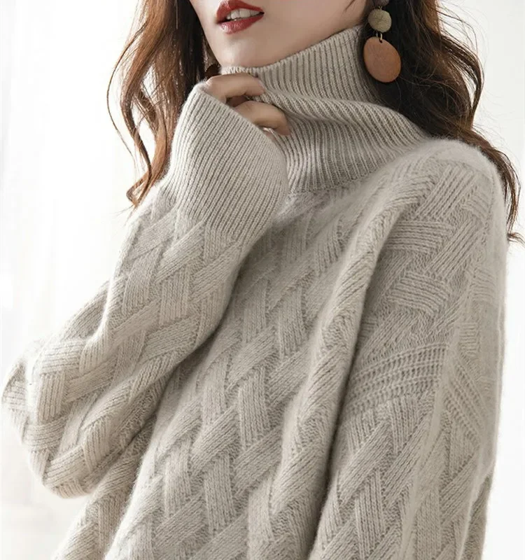 Autumn and winter turtleneck cashmere sweater woman  new style languid breeze loose thick pullover underlay 100% wool sweater