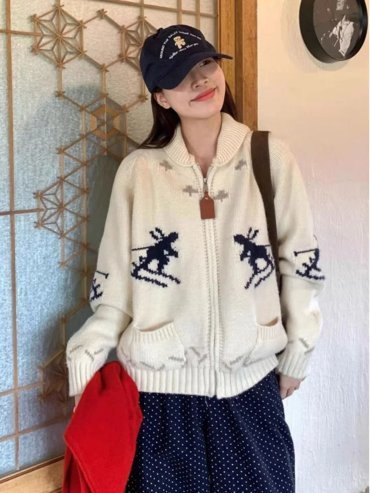 

Winter Aosphere Knitted Sweater Needle Cardigan Snowboard Little Man Design Pattern Loose Fit Long Sve round Ne Warmth