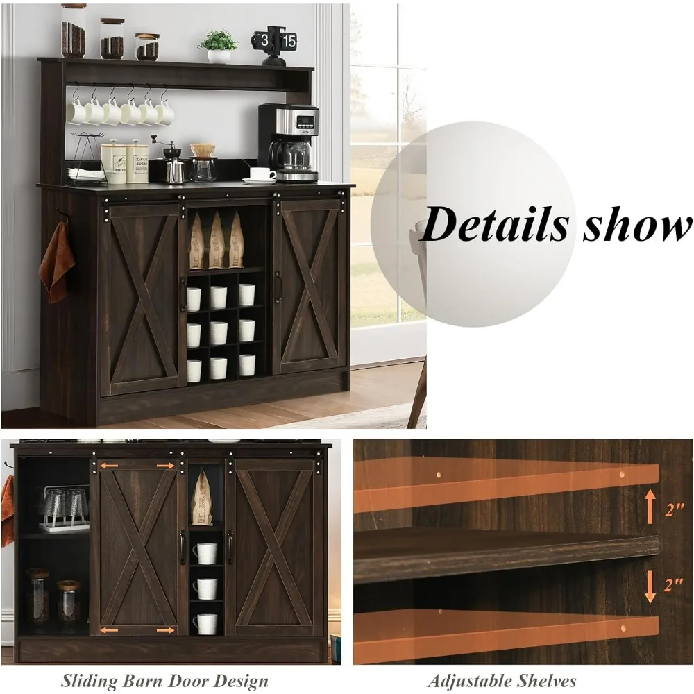 Coffee Bar Cabinet with 6 Hooks, 47” Liquor Wine Bar Cabinet with 9 Wine Racks,Buffet Storage Cabinet with Adjustable Shelves