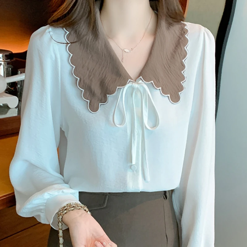 Women Chiffon Tops and Blouses Elegant Fashion Women Long Sleeves Tops Solid Females Blusas Mujer Spliced Sweet Bow Dropshipping