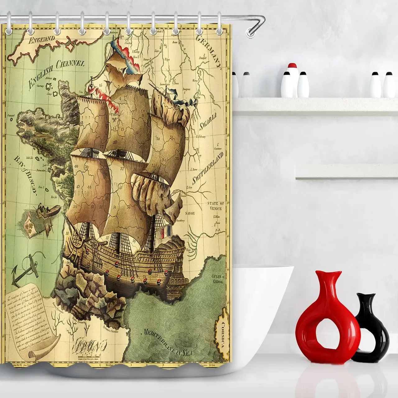 Vintage Old Sailboat Voyage Nautical Map Decor Brown Shower Curtain Retro Rustic Maritime Art