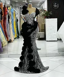 Modern Fashion Black Long Mermaid Evening Dresses Tulle Ruffles Sparkling Formal Red Carpet Pageant Party Gowns Custom Made 2024