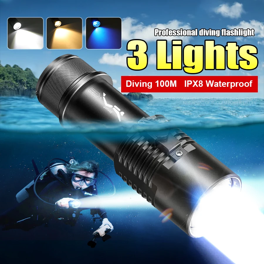 

Обновление 2026, 3 источника света, фонарик для дайвинга, мощный профессиональный фонарик для дайвинга, 26650, подводный фонарь для рыбалки