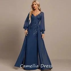 Vestido de noche Formal con Apliques de encaje y lentejuelas, manga larga, línea A, gasa moderna, azul marino, vestido con cuello en V para madre de la novia