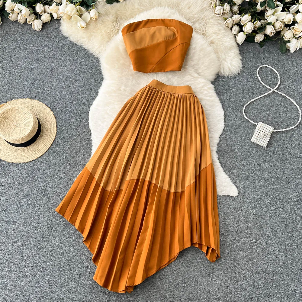 

Salt Series Summer Outfit Two-Piece Set Women's Sle Asymmetrical Midi Skirt And Tube Top Trendy And Chic Student orm