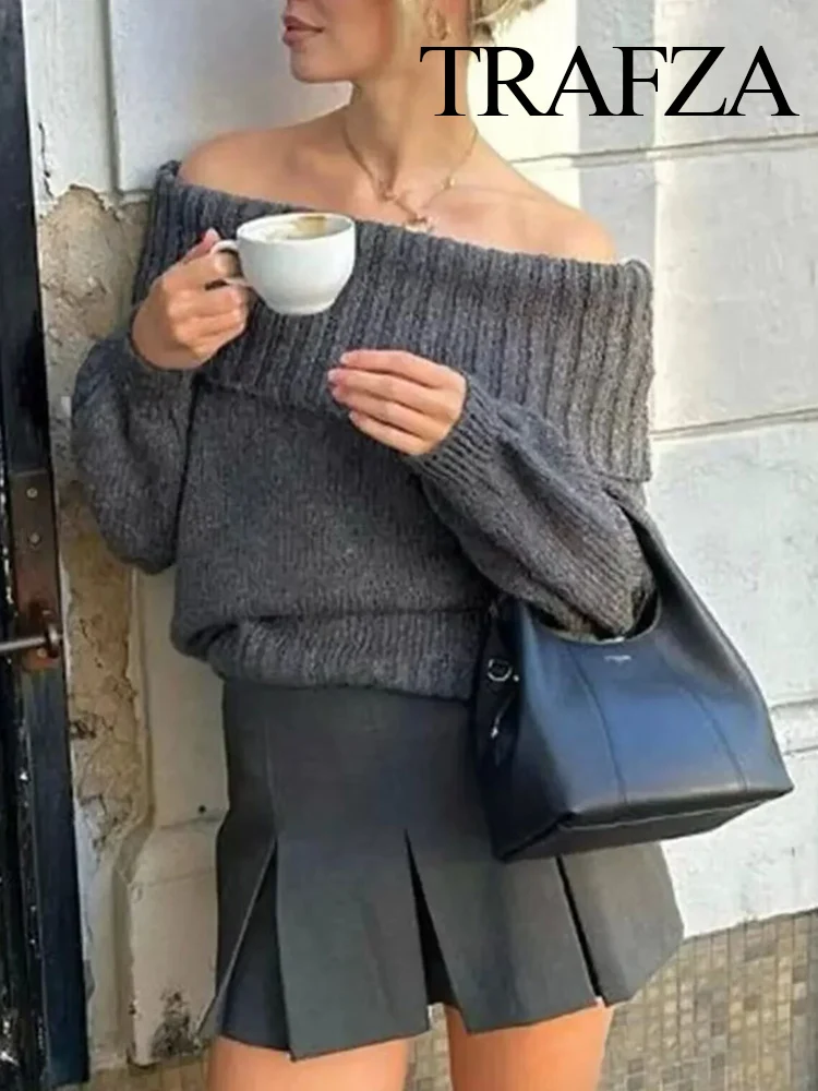 TRAFZA Women's Autumn New Fashion Lapel One-Shoulder Pullover Sweater Female High Street Casual Loose Solid All-Match French Top