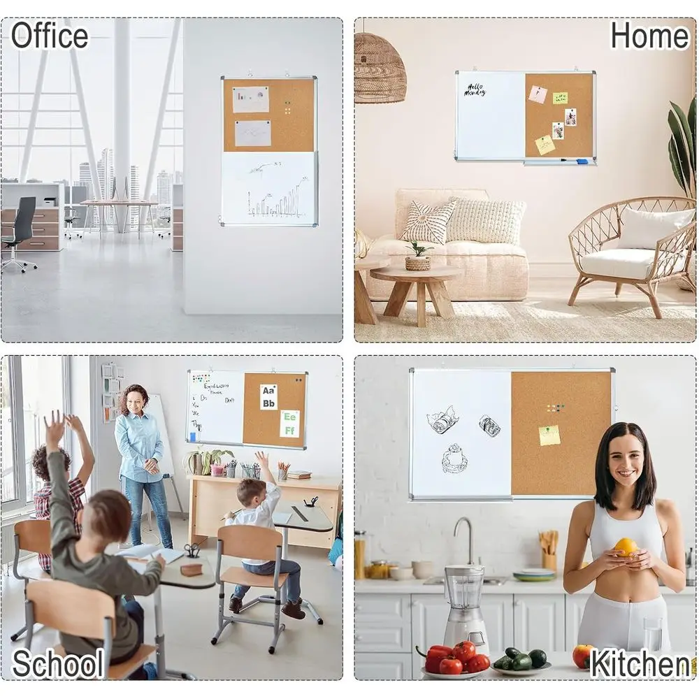 Quadro Branco Magnético e Quadro de Cortiça de Dupla Função, 36x24 Polegadas, Montado na Parede para Uso em Casa e Escritório
