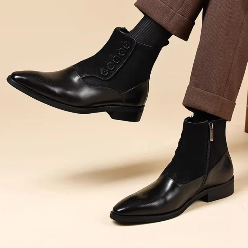 High-end Men's Cowhide Chelsea Boots Italian Men Knight Boots Man Dress Boots Buckle Button Work Boots Pointed Toe Shoes Men view 4