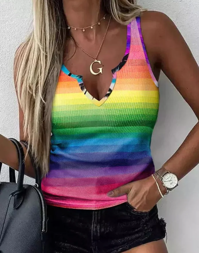 

Sexy Y2k Top Women 2023 New Summer Tees Restore Multicolour Basics Ombre Striped Print V-Cut Sleeveless Women's Top Tank