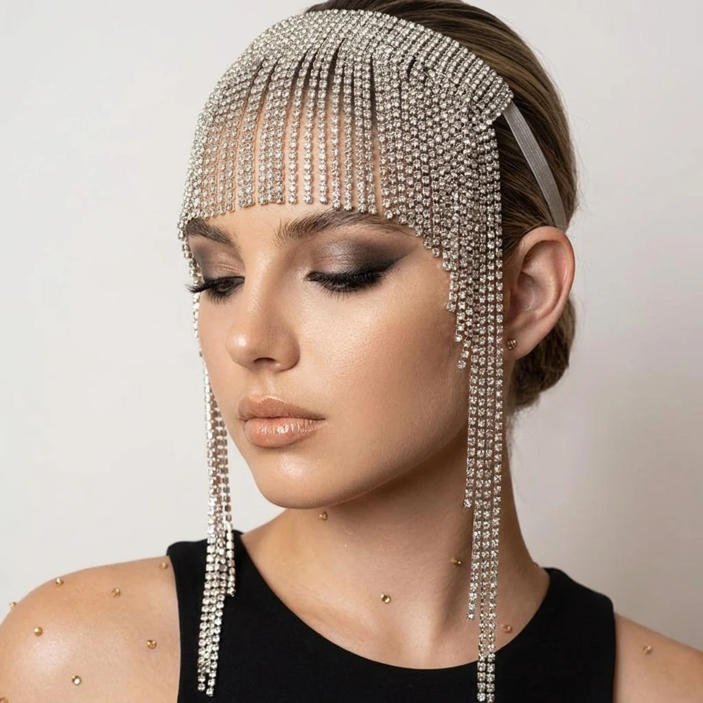 Multi-Row Rhinestone Fringe Headpiece Elastic Alloy Hair Chain for Stage Performance