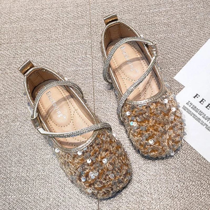 Kids Sequins Princess Shoes Crystal Fashion Ballet Flats Soft Sole Shallow Girls Shoes Rhinestone Party Wedding Children Shoes