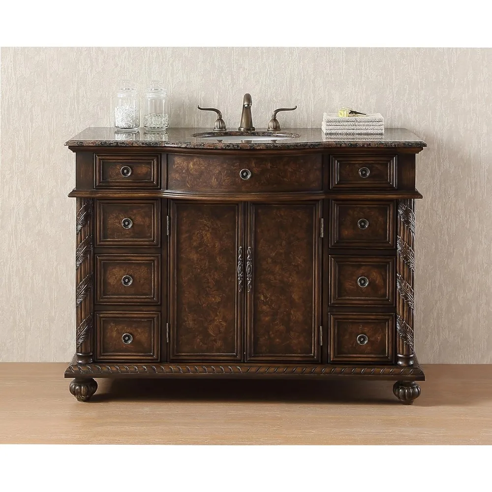 Dressing Table with Sink Combination, Medieval Bathroom Storage Cabinet, Marble Countertop, Soft Closing Door, Metal Handle