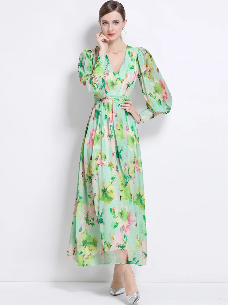Strand Bloemenprint Maxi Jurk Dames 2025 Nieuwe Elegante V-hals Lange Mouwen Jurken Vouw Hoge Kwaliteit Vestidos INKEO 5D217