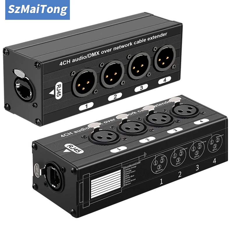 4チャンネル、3ピンxlr-rj45オーディオエクステンダー、stp-cat5-cat6、dmx512ネットワーク信号エクステンダー、ステージ、音響、照明、スタジオ用。