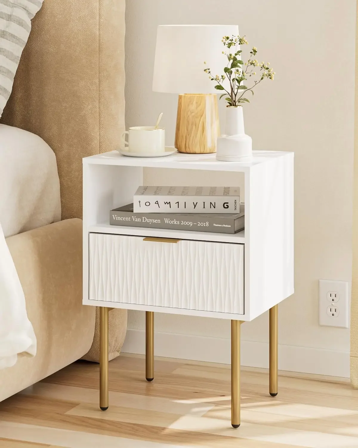 

Modern Bedside Table with Storage Drawer, Small Side Table with Open Wood Shelf, Bedside Furniture, Nightstand, End Table for