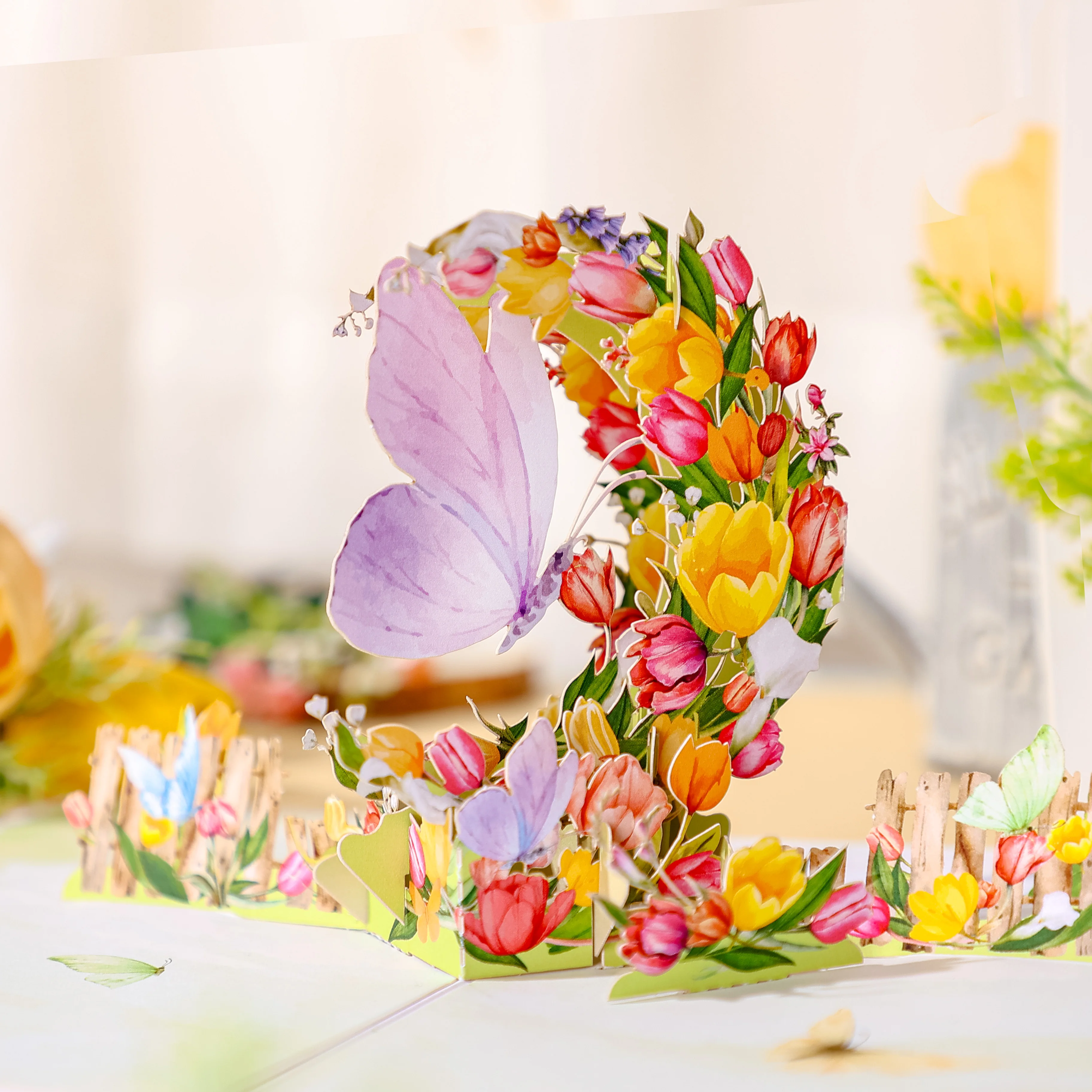 1pc Tulip Daisy Butterfly Pop-Up Card, Mother`s Day Valentine`s Day, Happy Birthday Greeting Card with Note