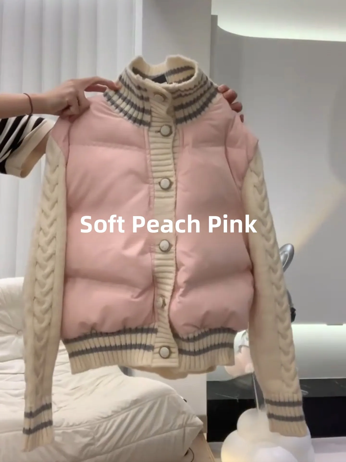 

Pink Knitted Patchwork Stand Collar down Cotton Jacket Women's Thickened Short Style Winter Outerwear Coat Korean Version