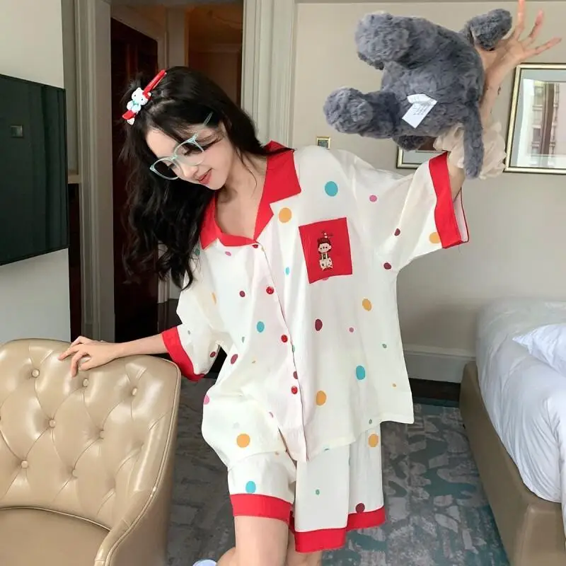 Korean Contrasting Polka Dot Pajamas for Women, Sweet and Cute Cartoon Printed Short Sleeved Set, Comfortable and Loose Home
