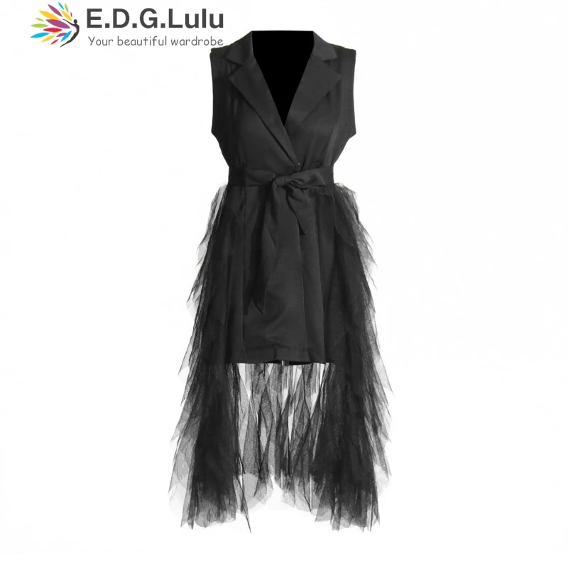 EDGLuLu Turn-Down Collar Sleeveless White Dresses 2025 Woman Design Splicing Mesh Asymmetrical Dress+Belt 1004