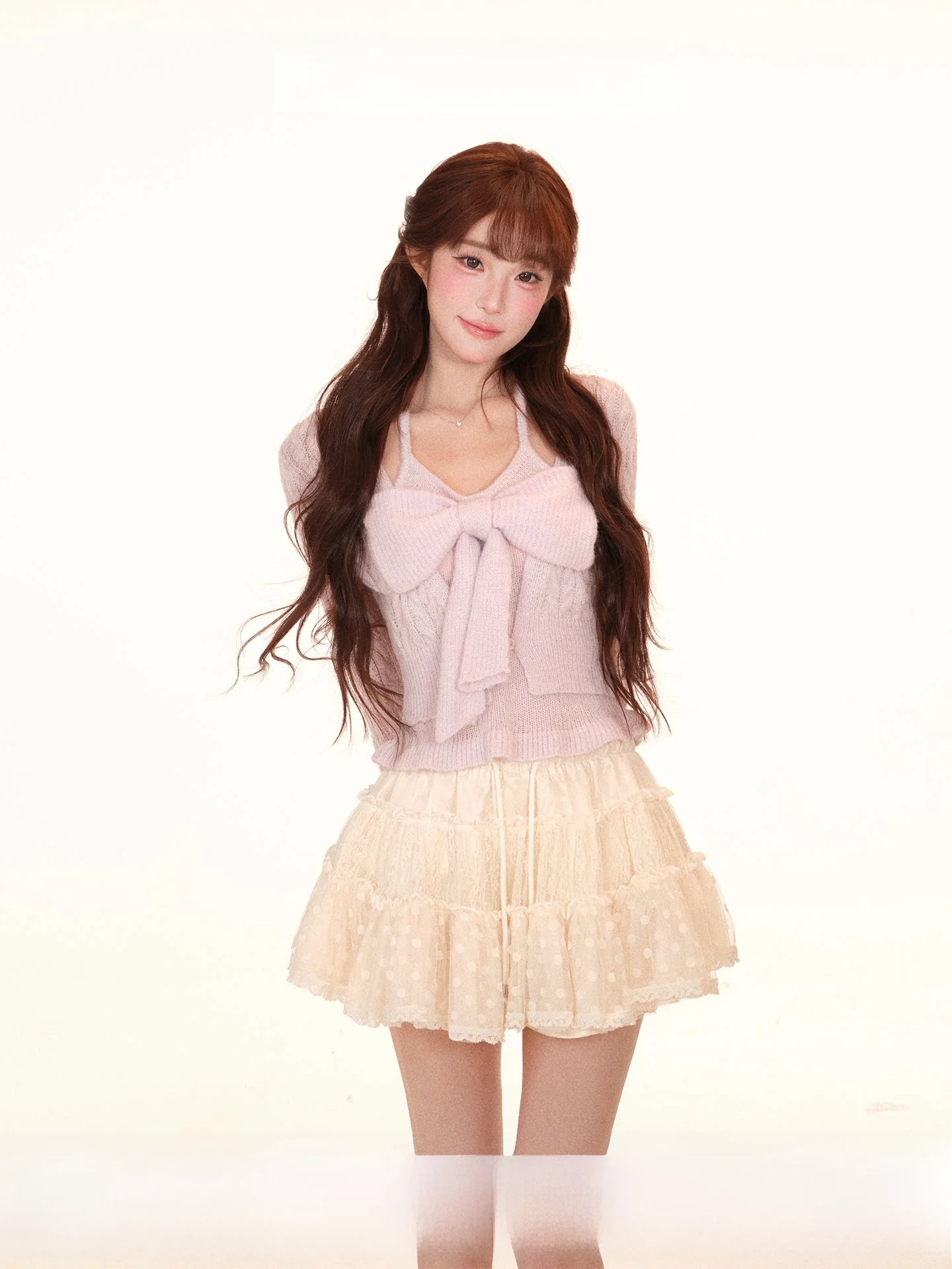 

Soft Mist Ballet Summer Set with Knot Lace Tulle Polka Dot Knitted Sweater And Puffy Skirt Women's Fashion Ensemble