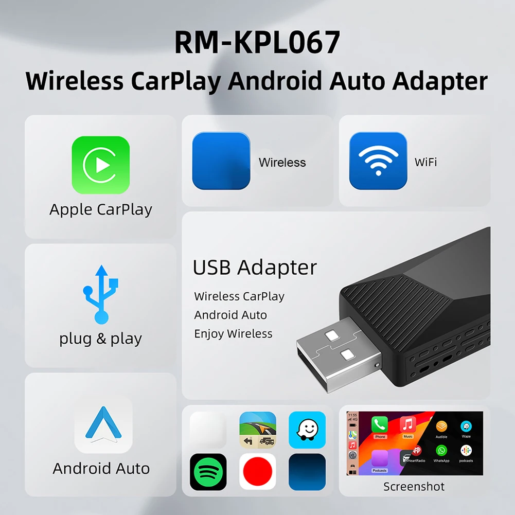 Dongle 2 in 1 Carplay & Android Auto Nirkabel, USB Plug and Play AI Box untuk Mobil dengan Carplay & Android Auto Berkabel OEM