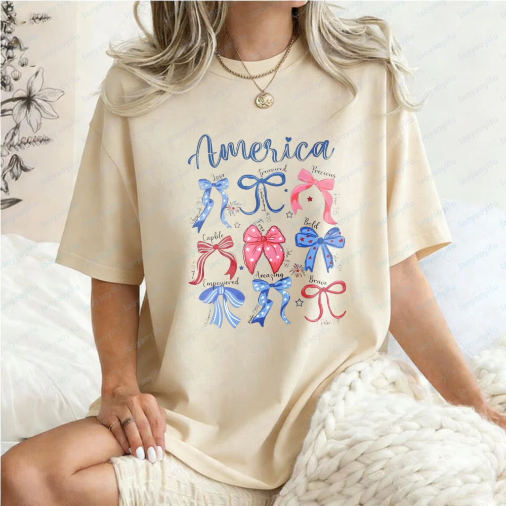 

America Bow T-Shirt 4th of July Patriotic Coquette Casual Cotton Tee Independence Day Trend Vintage Kawaii Clothes for Women